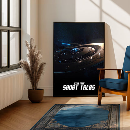 Star Trek: Short Treks poster framed beside a blue armchair in a sunlit room