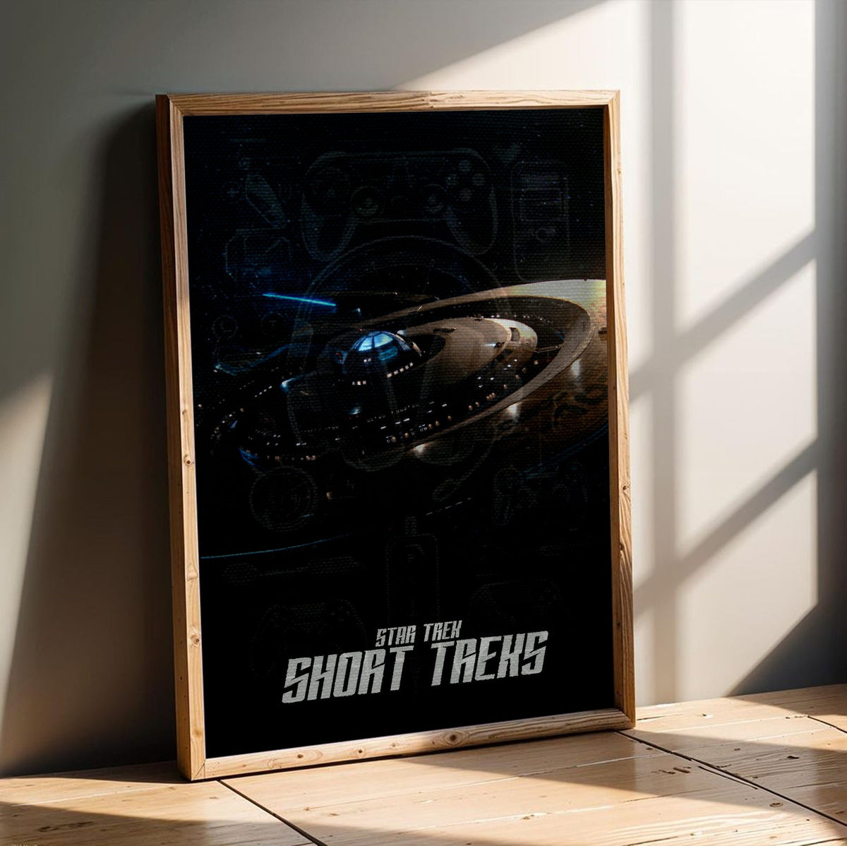 Star Trek: Short Treks poster in an oak frame leaning on a wooden floor