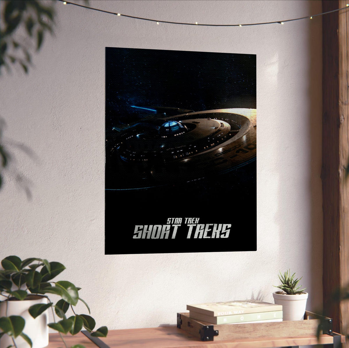 Star Trek: Short Treks poster unframed on a white wall above a desk