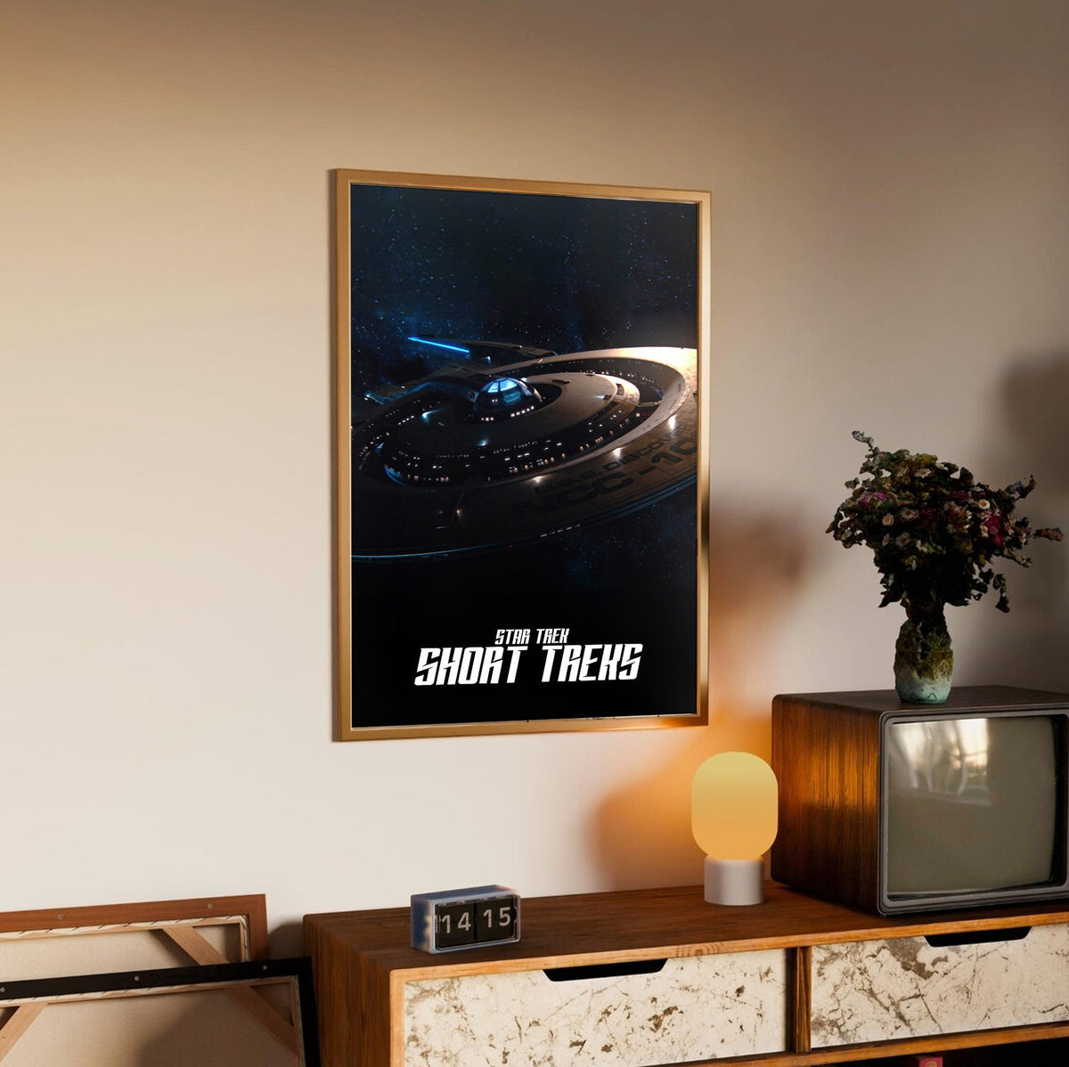 Star Trek: Short Treks poster in an oak frame above a sideboard