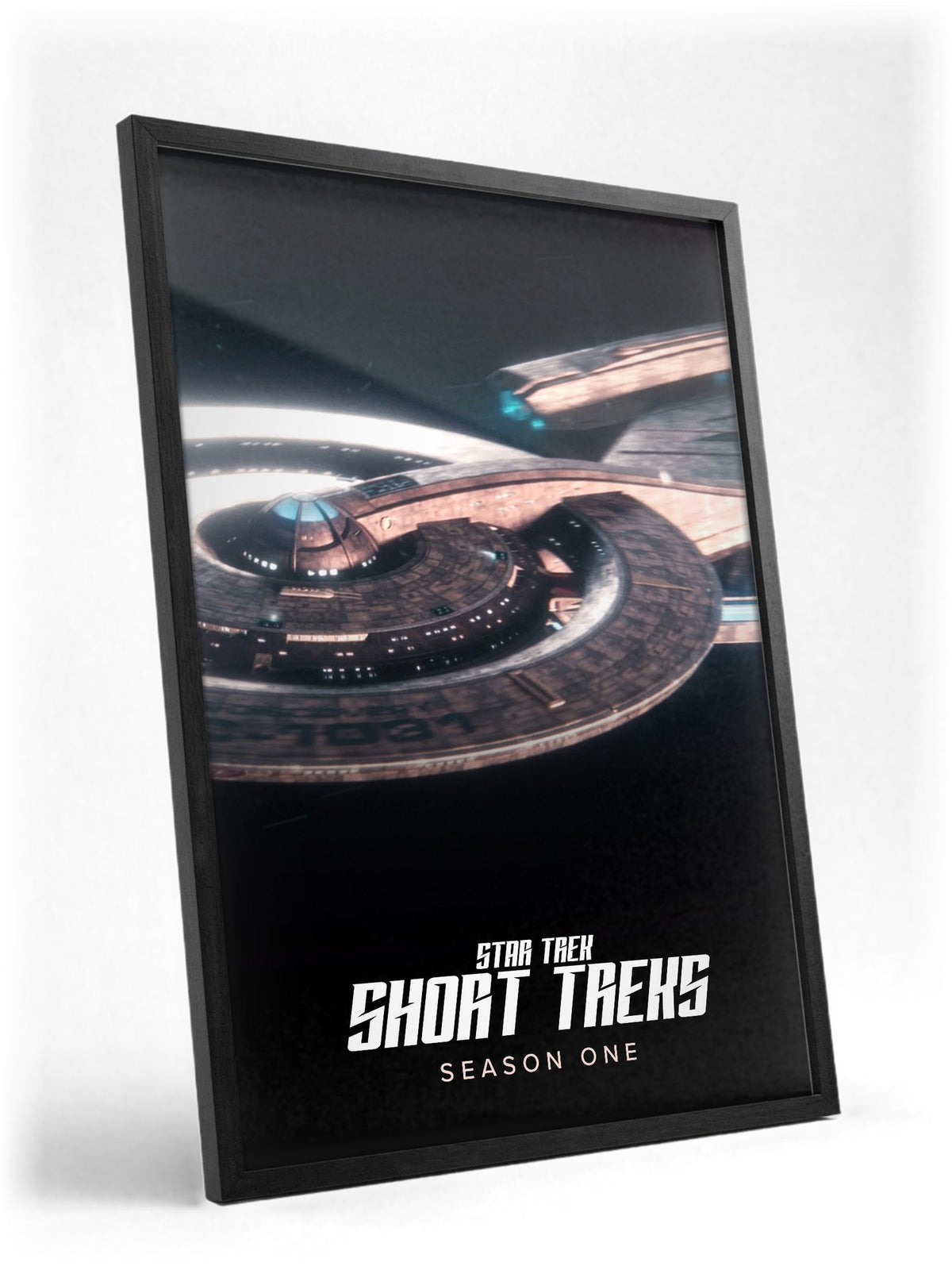 Star Trek: Short Treks poster in a black frame with glass leaning against a wall