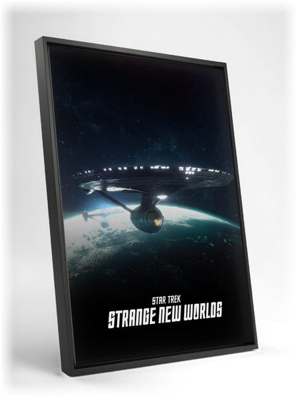 Star Trek: Strange New Worlds as a black floater framed canvas leaning against a wall