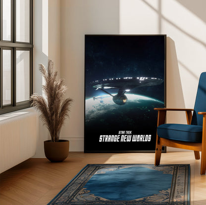 Star Trek: Strange New Worlds poster framed beside a blue armchair in a sunlit room