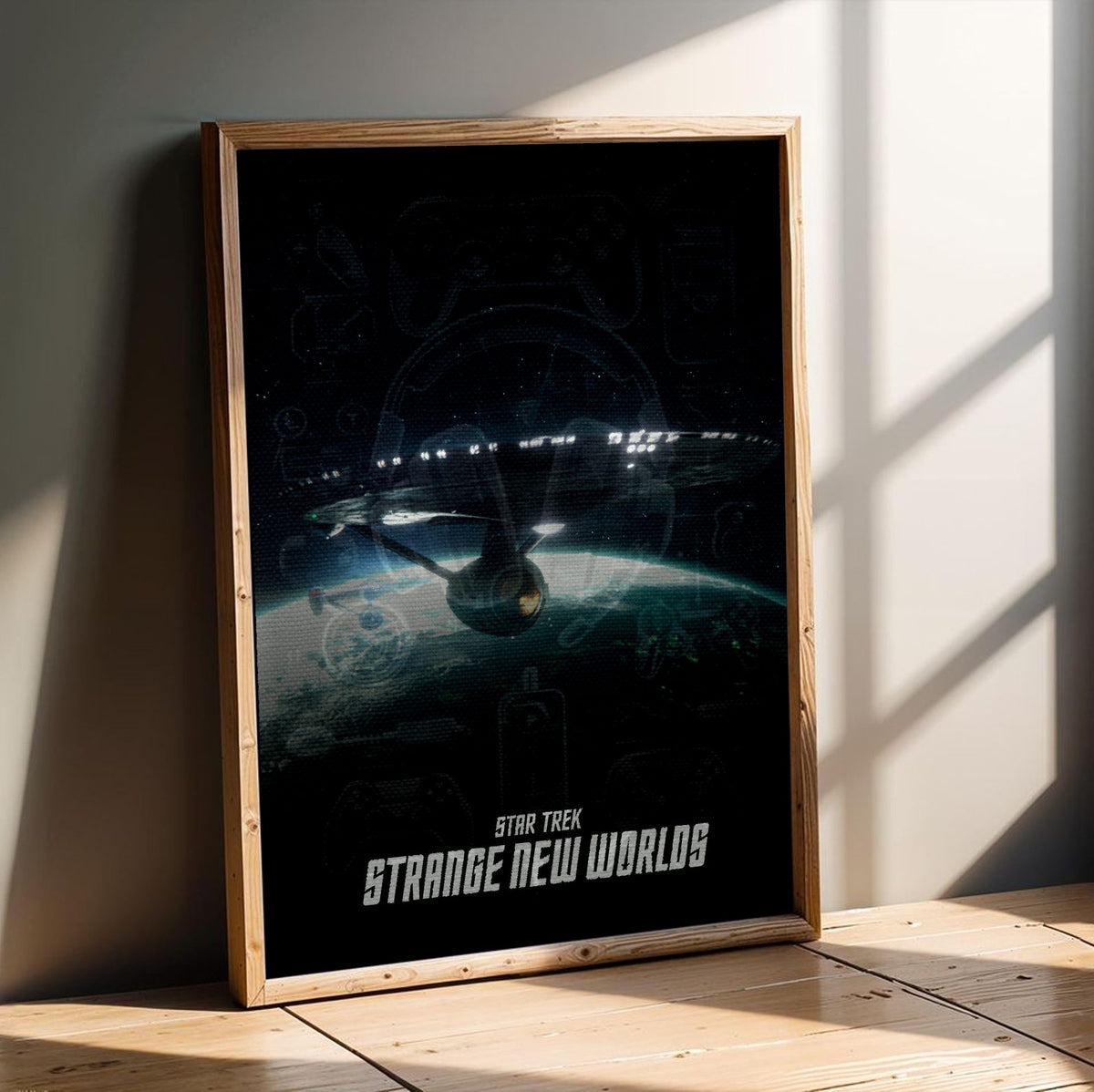 Star Trek: Strange New Worlds poster in an oak frame leaning on a wooden floor