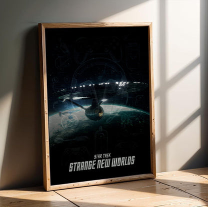 Star Trek: Strange New Worlds poster in an oak frame leaning on a wooden floor