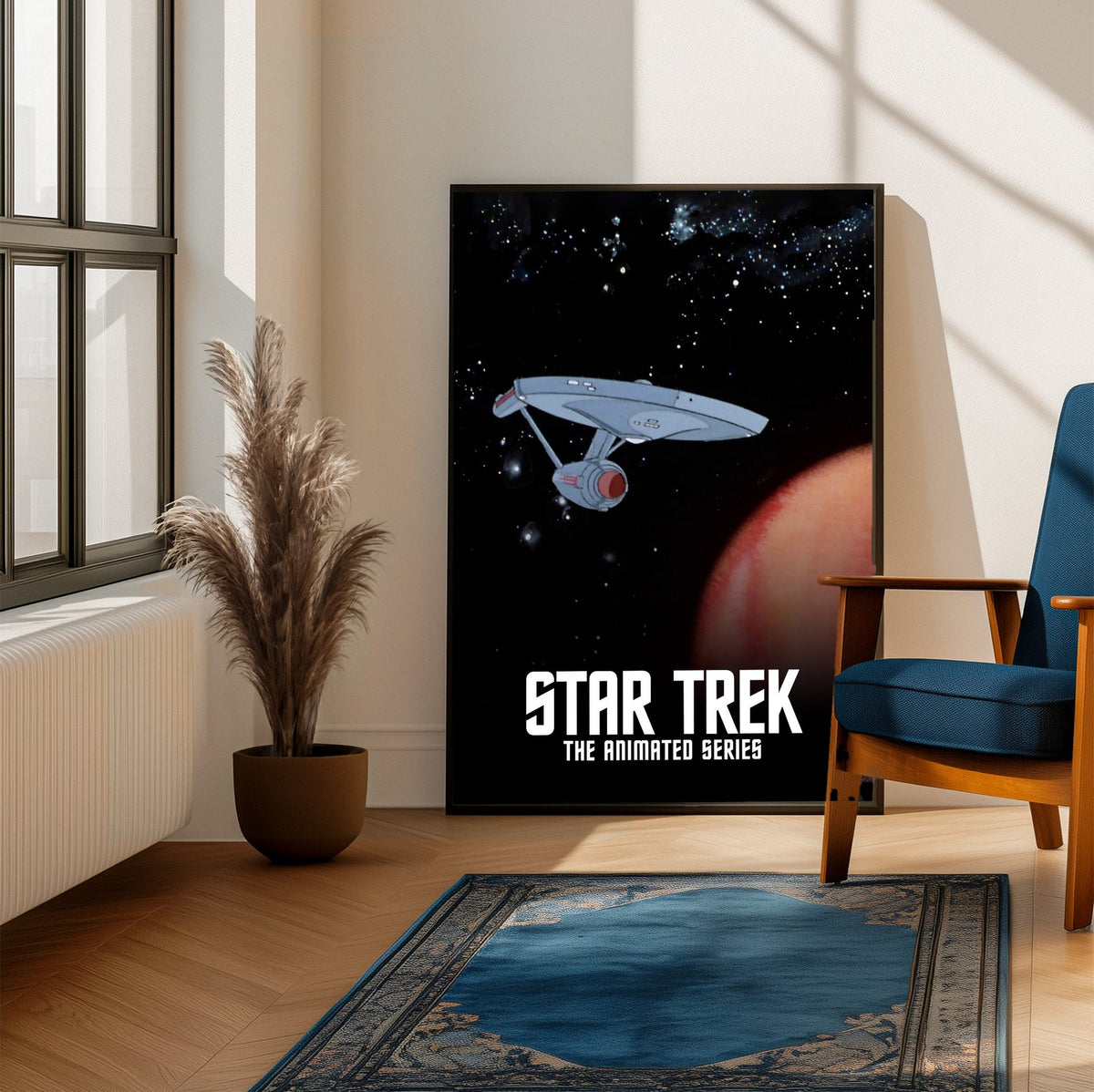 Star Trek: The Animated Series poster framed beside a blue armchair in a sunlit room