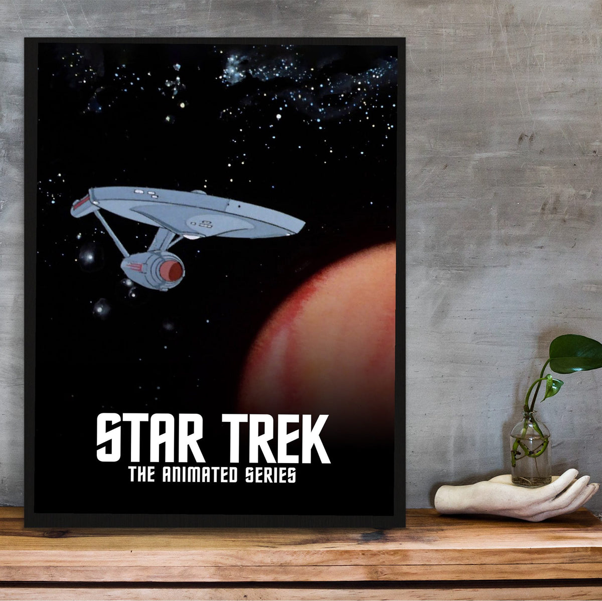 Star Trek: The Animated Series poster in a black frame on a wooden shelf against concrete