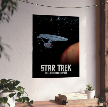 Star Trek: The Animated Series poster unframed on a white wall above a desk