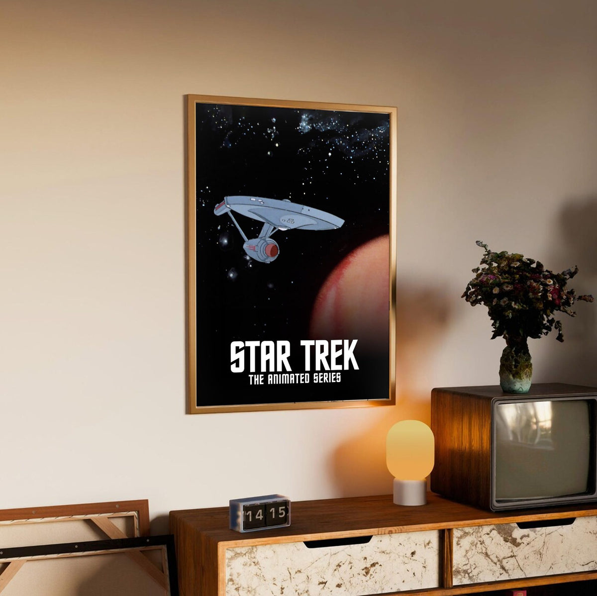 Star Trek: The Animated Series poster in an oak frame above a sideboard