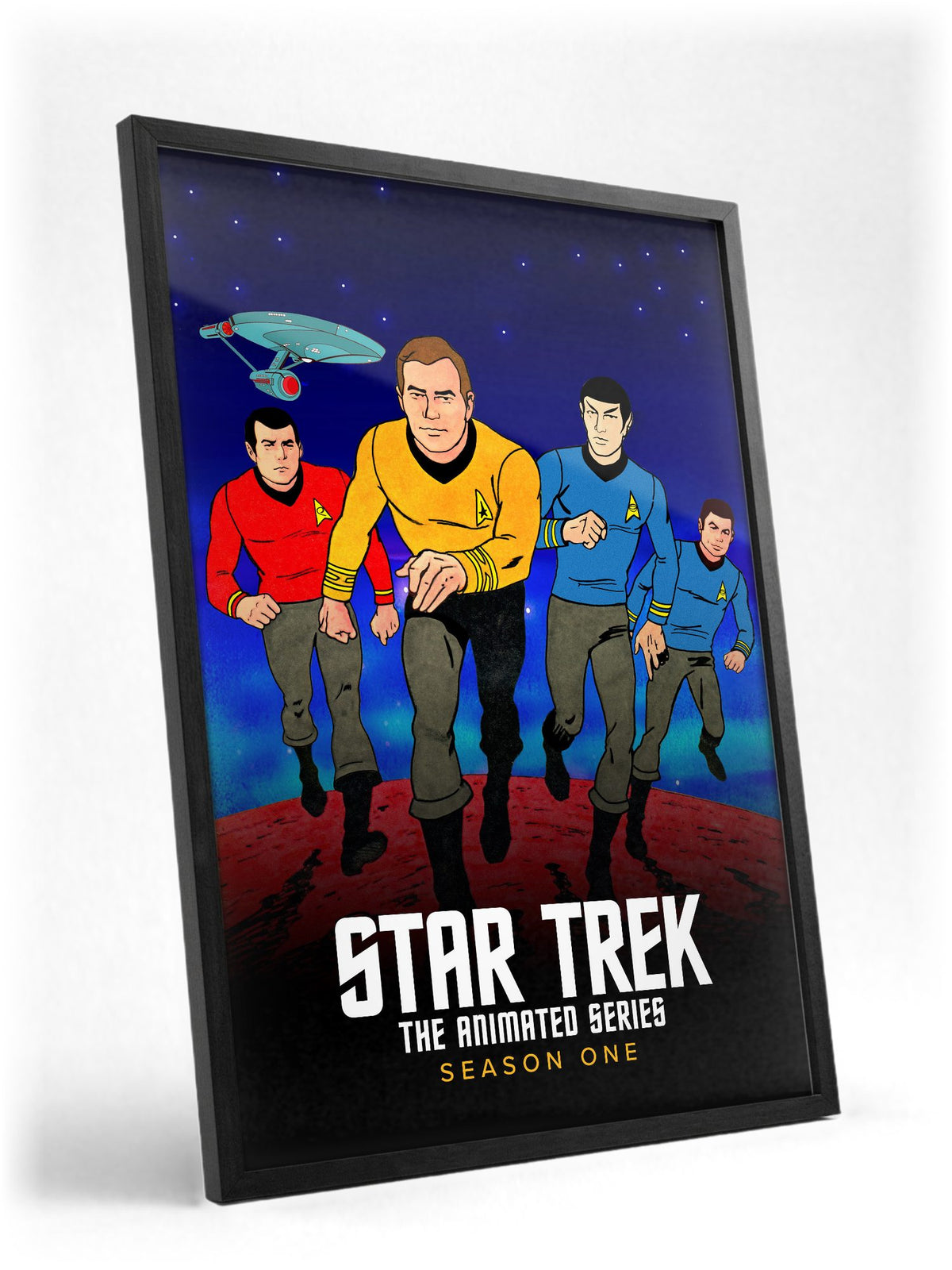 Star Trek: The Animated Series poster in a black frame with glass leaning against a wall