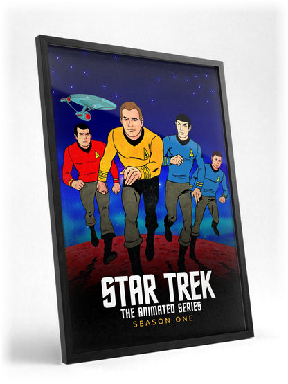 Star Trek: The Animated Series poster in a black frame with glass leaning against a wall