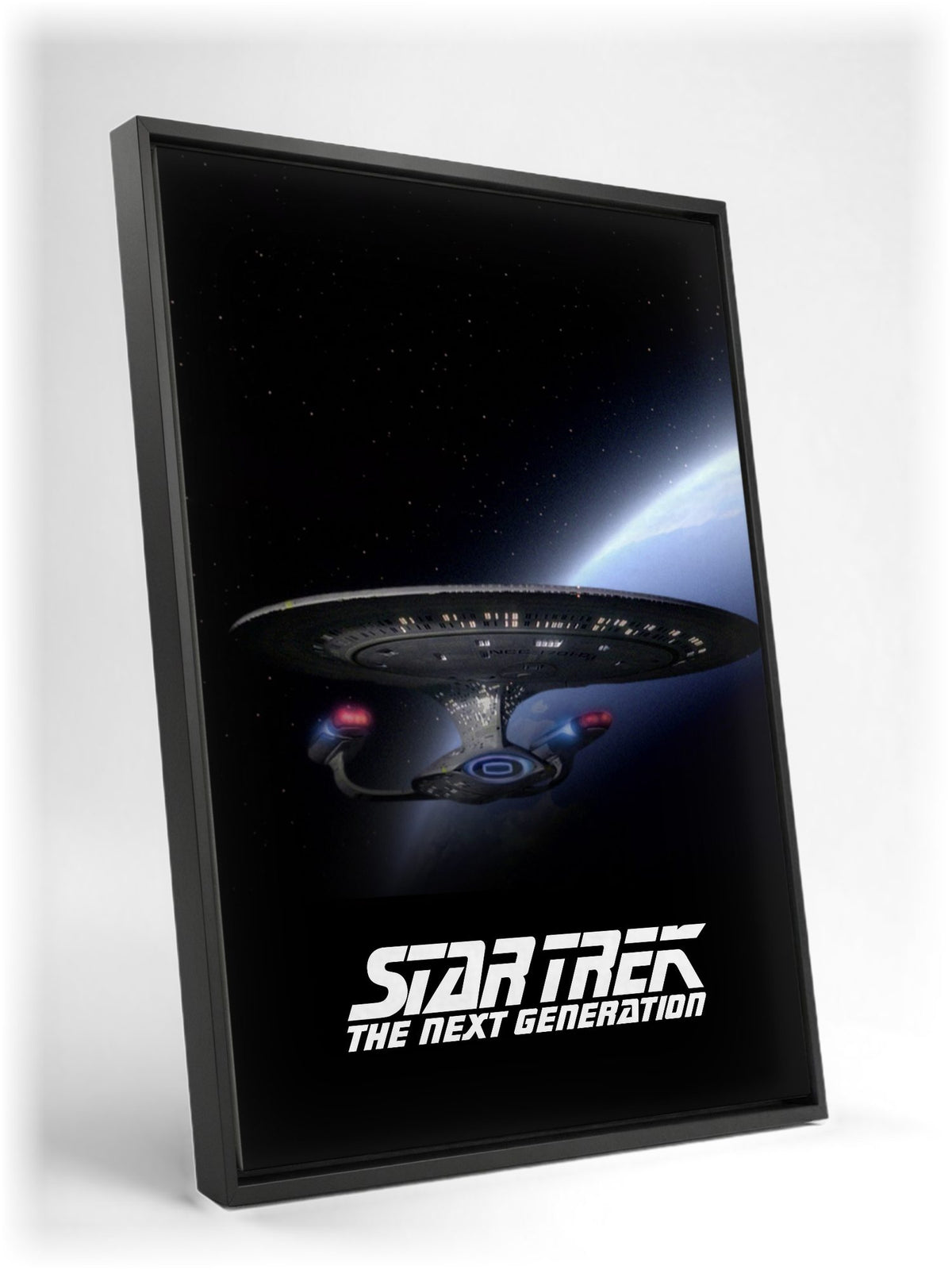 Star Trek: The Next Generation as a black floater framed canvas leaning against a wall