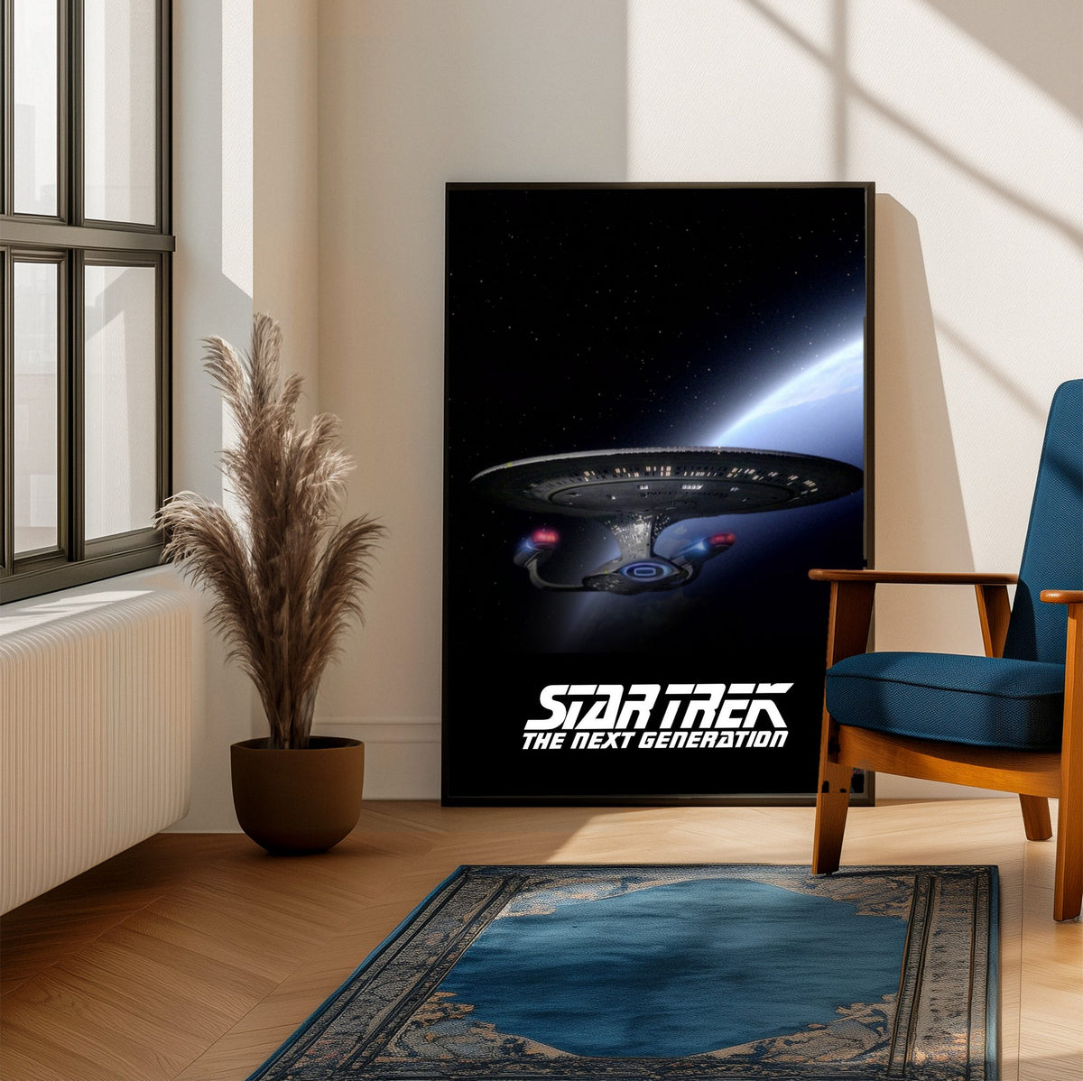 Star Trek: The Next Generation poster framed beside a blue armchair in a sunlit room