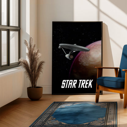 Star Trek: The Original Series poster framed beside a blue armchair in a sunlit room