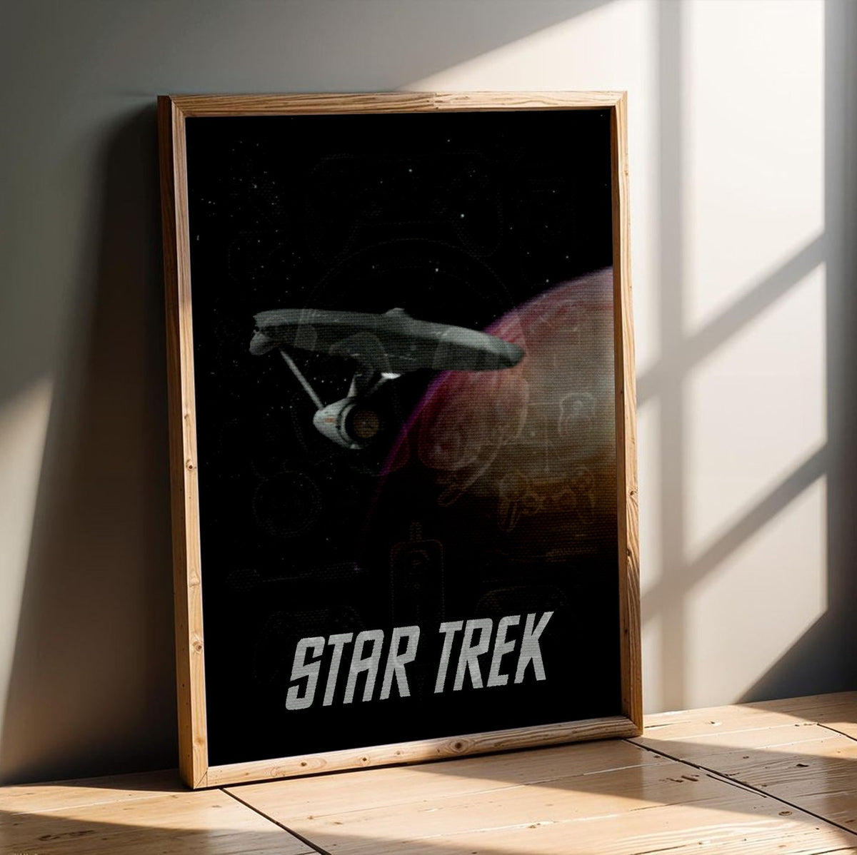 Star Trek: The Original Series poster in an oak frame leaning on a wooden floor