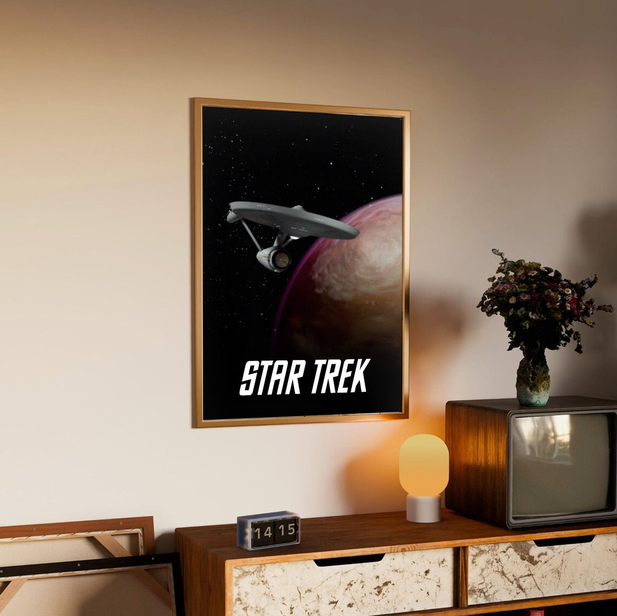 Star Trek: The Original Series poster in an oak frame above a sideboard