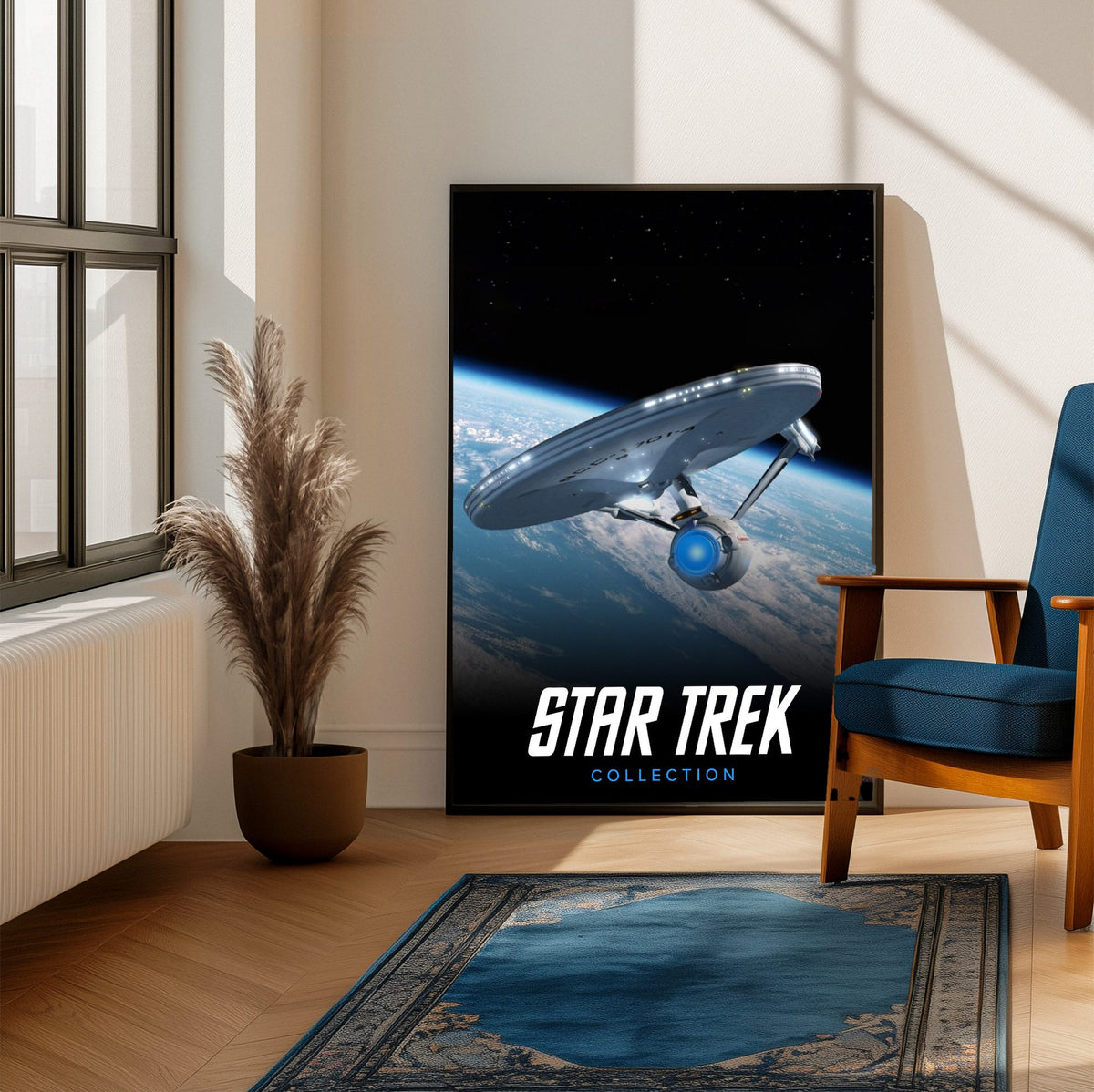 Star Trek TV Collection Art poster framed beside a blue armchair in a sunlit room