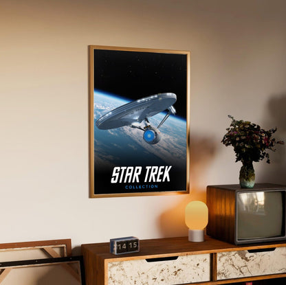 Star Trek TV Collection Art poster in an oak frame above a sideboard
