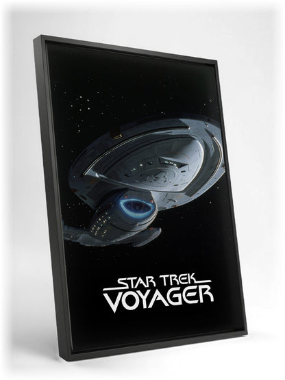 Star Trek: Voyager as a black floater framed canvas leaning against a wall