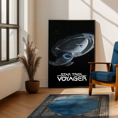 Star Trek: Voyager poster framed beside a blue armchair in a sunlit room