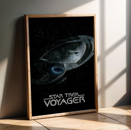 Star Trek: Voyager poster in an oak frame leaning on a wooden floor