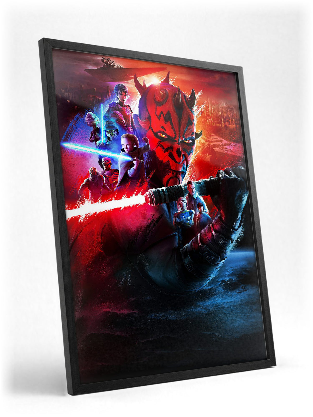 Star Wars: Maul – Shadow Lord Darth Maul Art poster in a black frame with glass leaning against a wall