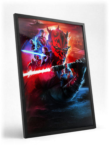 Star Wars: Maul – Shadow Lord Darth Maul Art poster in a black frame with glass leaning against a wall