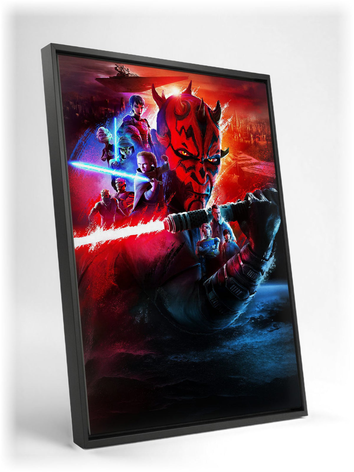 Star Wars: Maul – Shadow Lord Darth Maul Art as a black floater framed canvas leaning against a wall