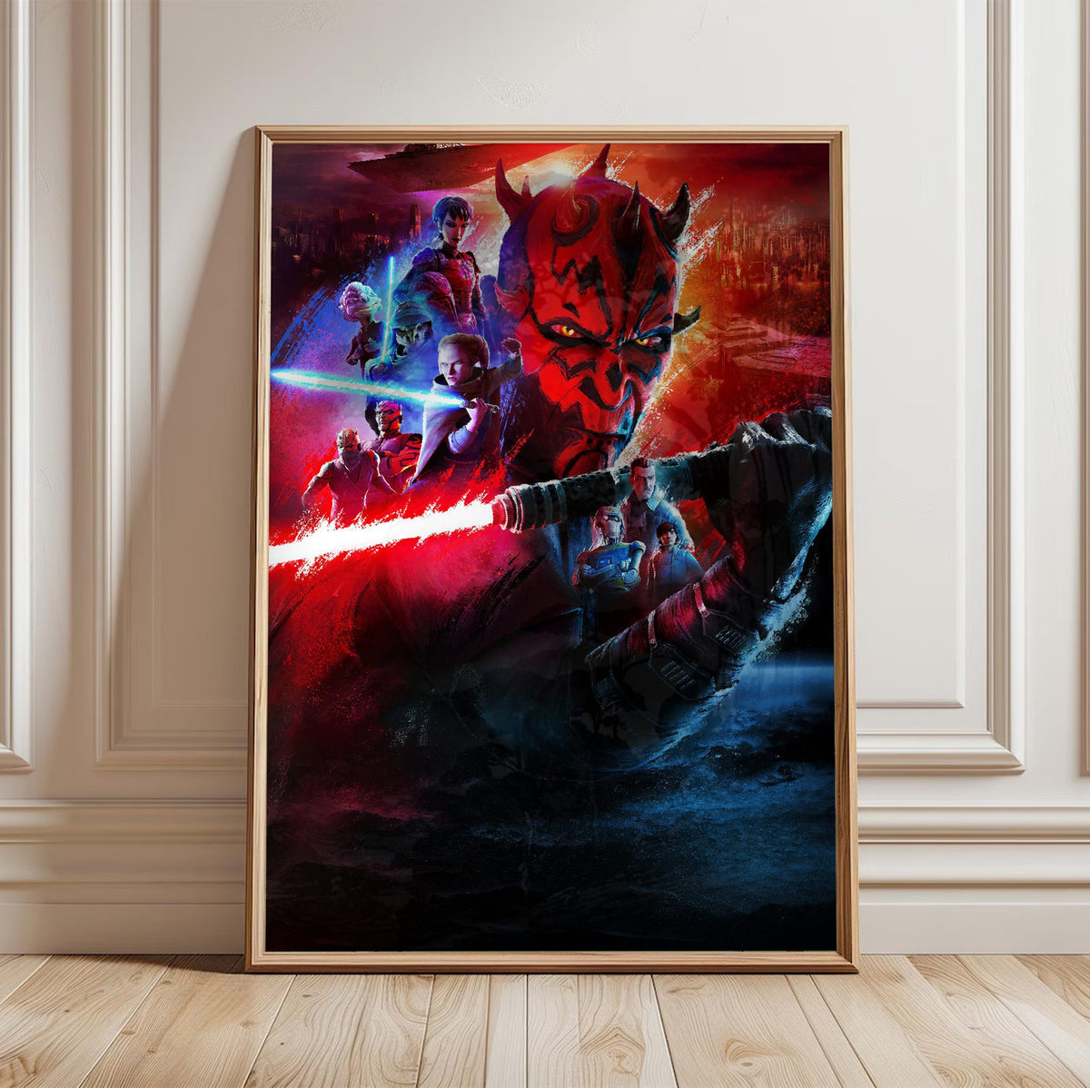 Star Wars: Maul – Shadow Lord Darth Maul Art poster in a light oak frame leaning against a white wall