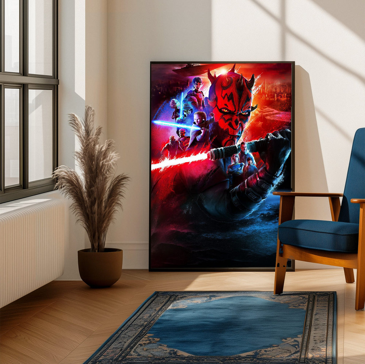 Star Wars: Maul – Shadow Lord Darth Maul Art poster framed beside a blue armchair in a sunlit room