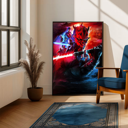 Star Wars: Maul – Shadow Lord Darth Maul Art poster framed beside a blue armchair in a sunlit room