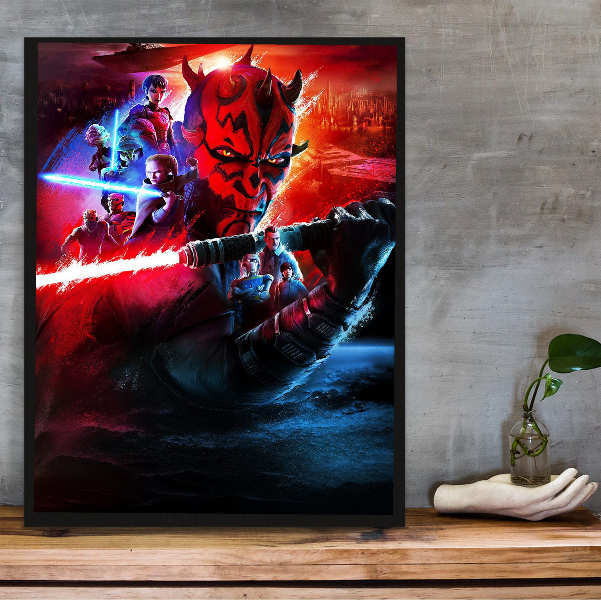 Star Wars: Maul – Shadow Lord Darth Maul Art poster in a black frame on a wooden shelf against concrete