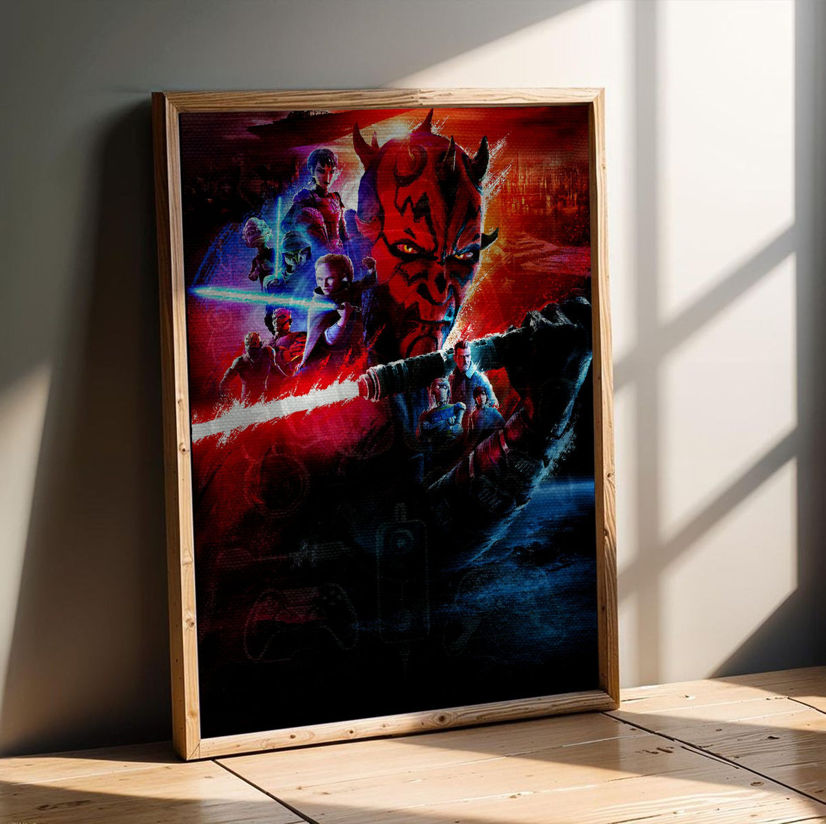 Star Wars: Maul – Shadow Lord Darth Maul Art poster in an oak frame leaning on a wooden floor