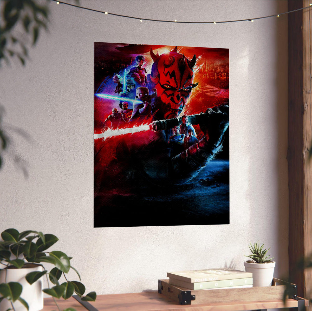Star Wars: Maul – Shadow Lord Darth Maul Art poster unframed on a white wall above a desk