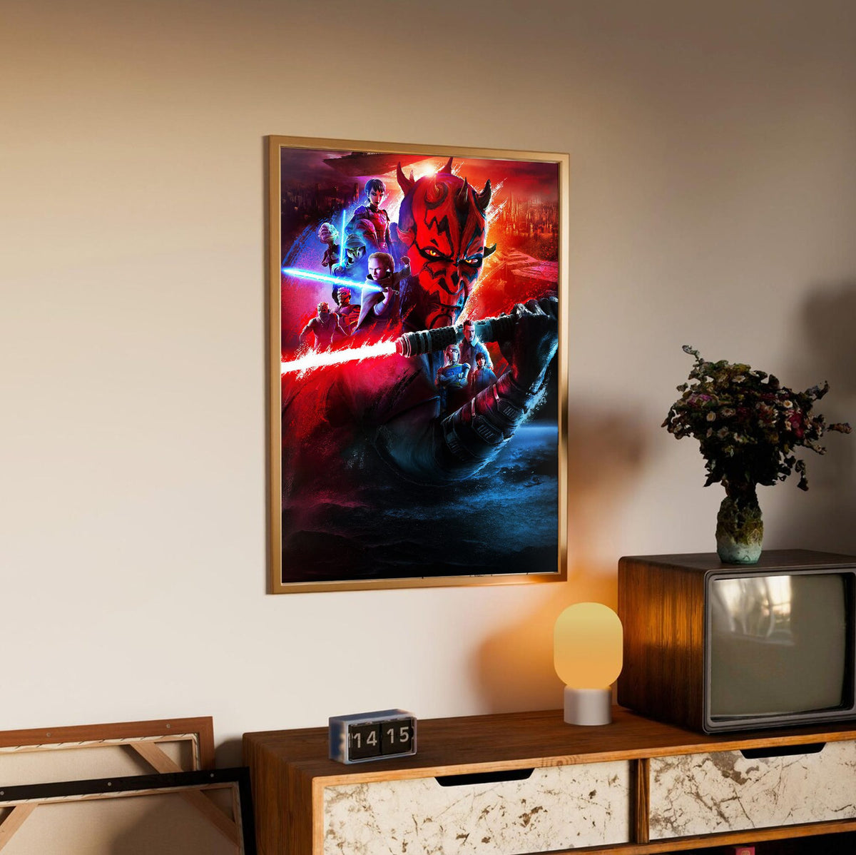 Star Wars: Maul – Shadow Lord Darth Maul Art poster in an oak frame above a sideboard