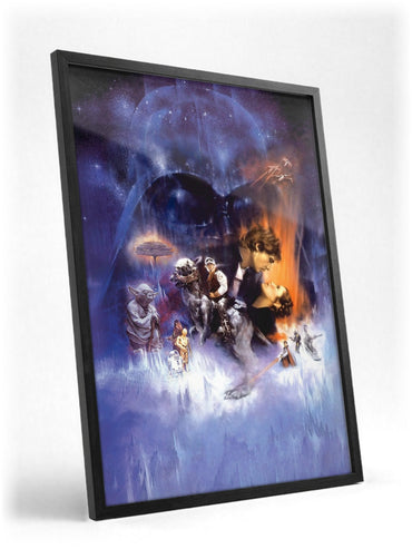 Star Wars: The Empire Strikes Back (1980) Movie Painted Art poster in a black frame with glass leaning against a wall