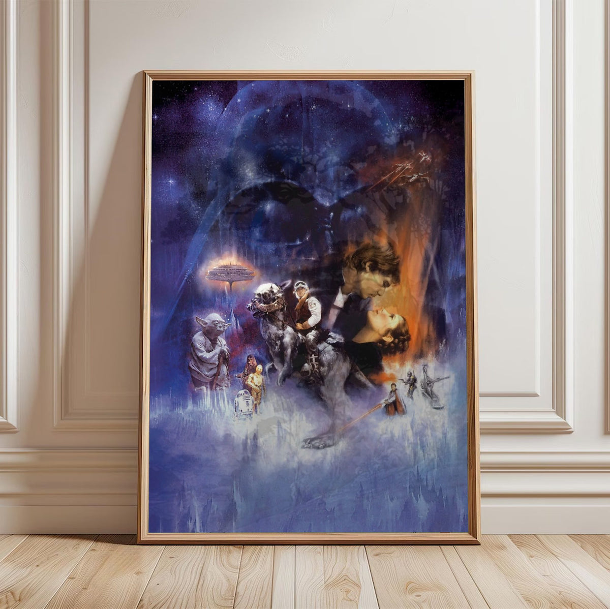 Star Wars: The Empire Strikes Back (1980) Movie Painted Art poster in a light oak frame leaning against a white wall