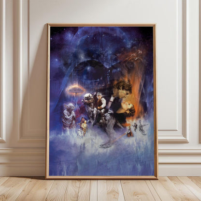 Star Wars: The Empire Strikes Back (1980) Movie Painted Art poster in a light oak frame leaning against a white wall