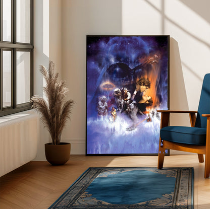 Star Wars: The Empire Strikes Back (1980) Movie Painted Art poster framed beside a blue armchair in a sunlit room