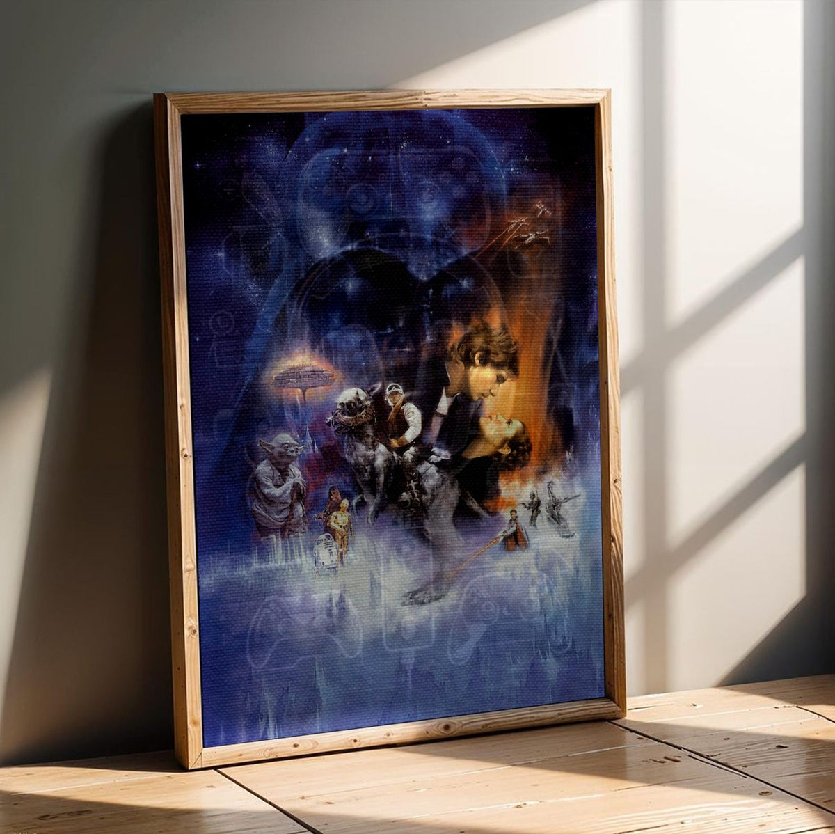 Star Wars: The Empire Strikes Back (1980) Movie Painted Art poster in an oak frame leaning on a wooden floor