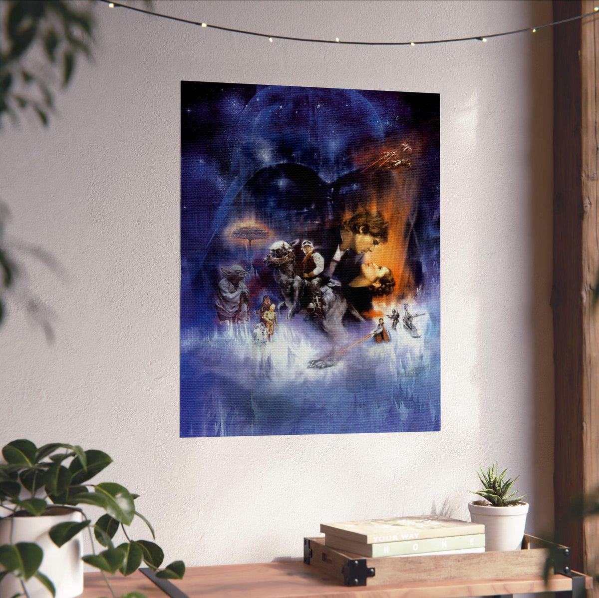Star Wars: The Empire Strikes Back (1980) Movie Painted Art poster unframed on a white wall above a desk
