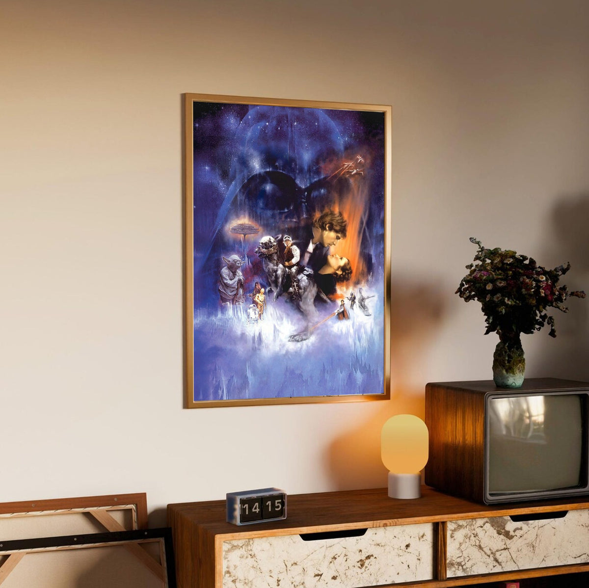 Star Wars: The Empire Strikes Back (1980) Movie Painted Art poster in an oak frame above a sideboard