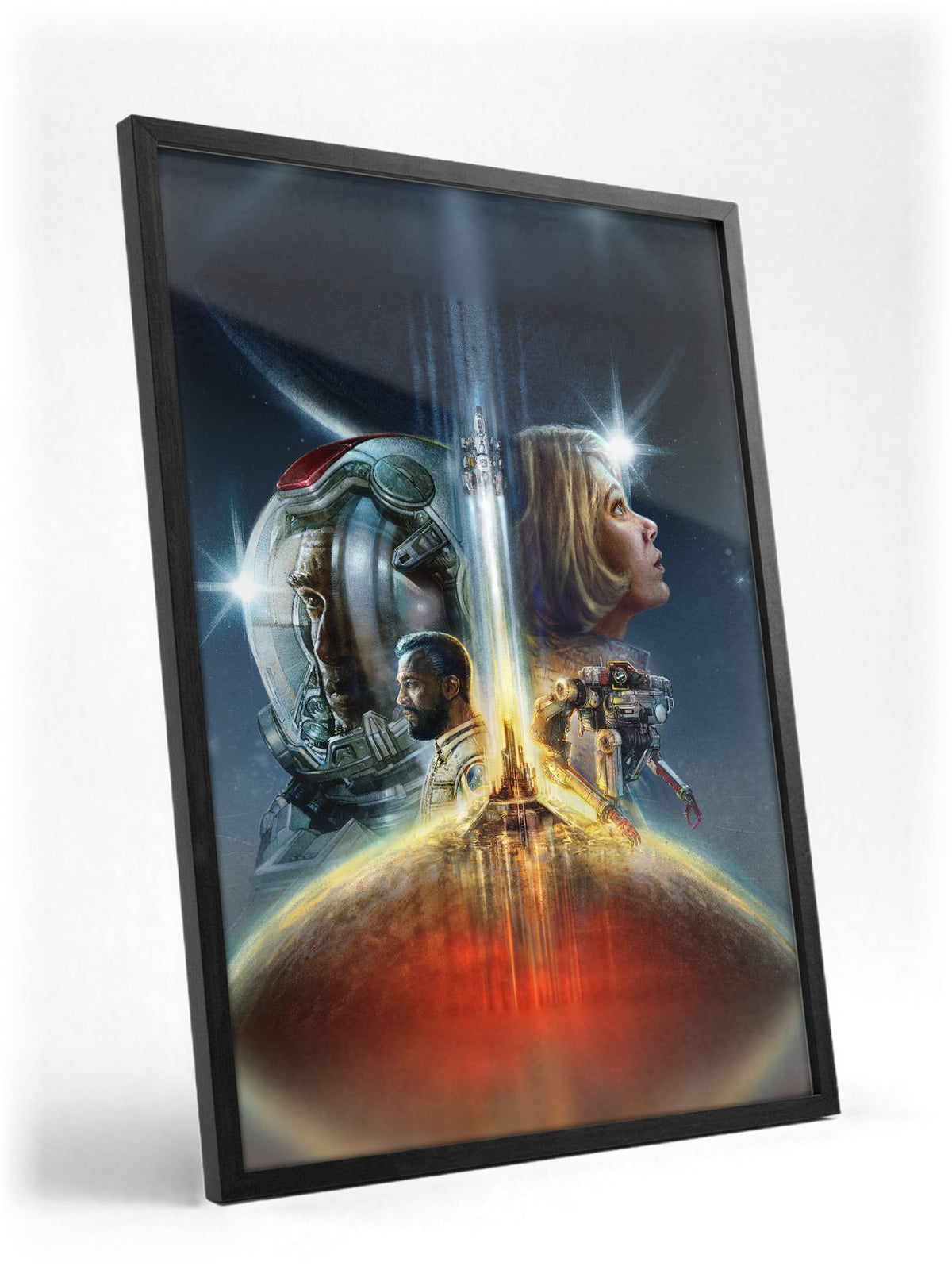 Starfield Key Art poster in a black frame with glass leaning against a wall