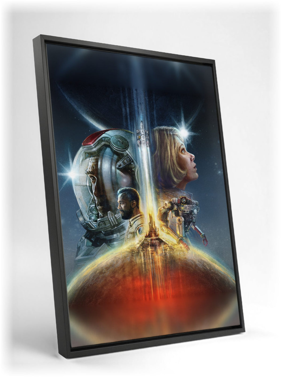 Starfield Key Art as a black floater framed canvas leaning against a wall