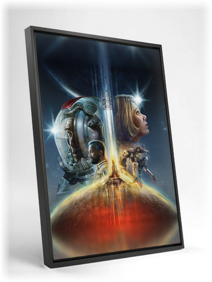 Starfield Key Art as a black floater framed canvas leaning against a wall