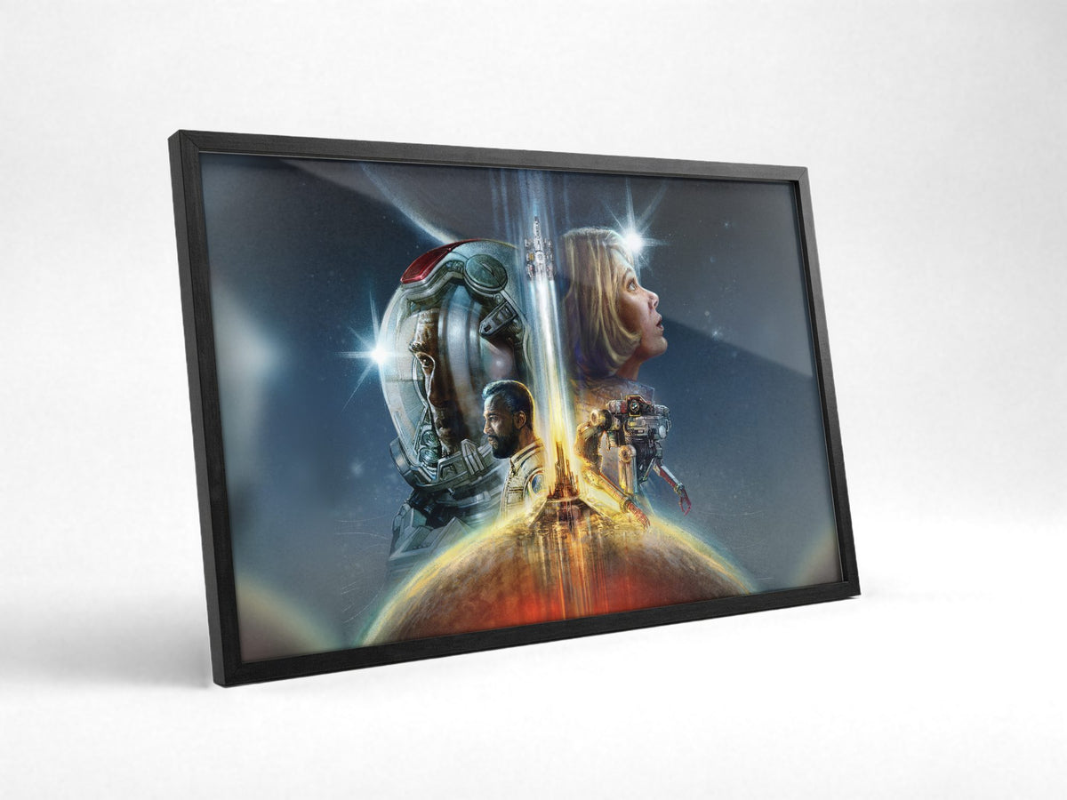 Starfield Key Art poster in a black frame with glass leaning against a wall