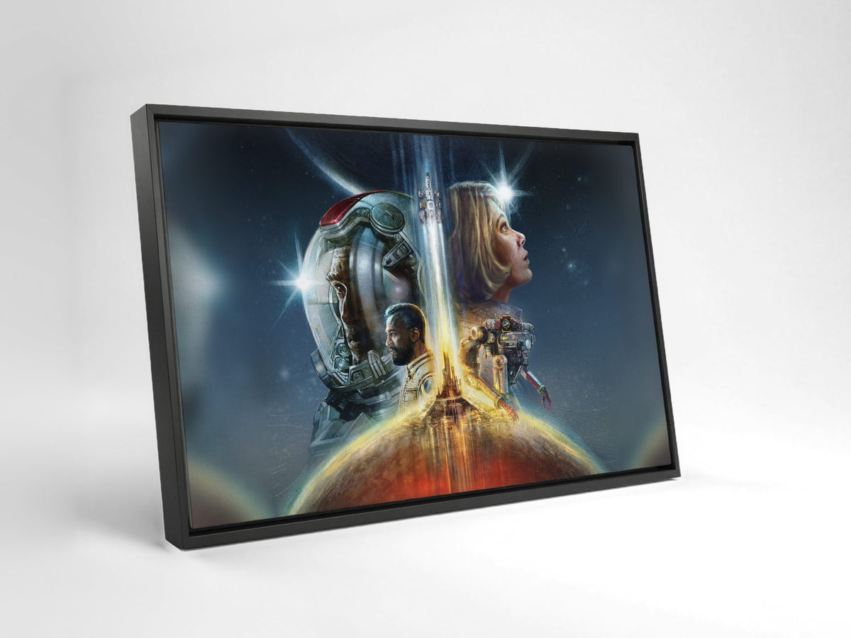 Starfield Key Art as a black floater framed canvas leaning against a wall