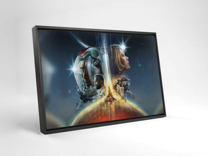 Starfield Key Art as a black floater framed canvas leaning against a wall
