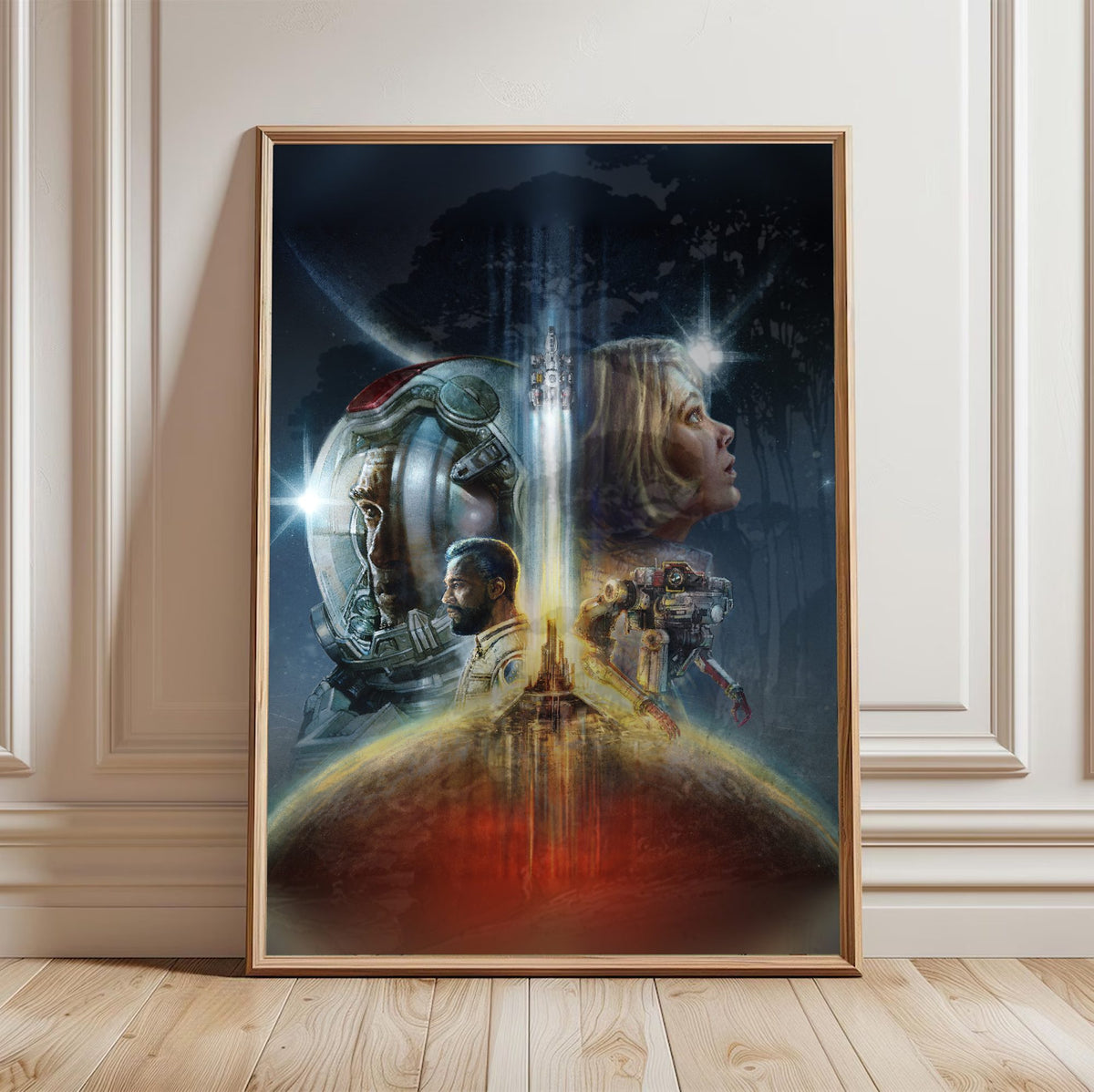 Starfield Key Art poster in a light oak frame leaning against a white wall
