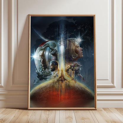 Starfield Key Art poster in a light oak frame leaning against a white wall